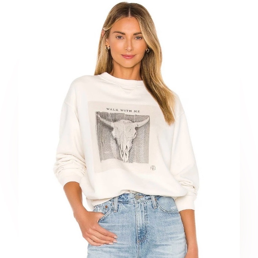 Anine Bing Ramona Walk with Me Cream Crewneck Sweatshirt